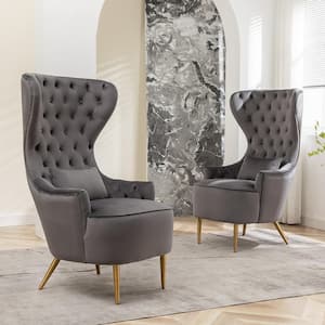 Gray Upholstered Tufted Velvet High Wingback Chair (Set of 2)