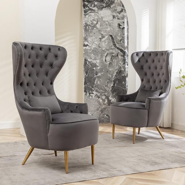 KINWELL Gray Upholstered Tufted Velvet High Wingback Chair (Set of 2)