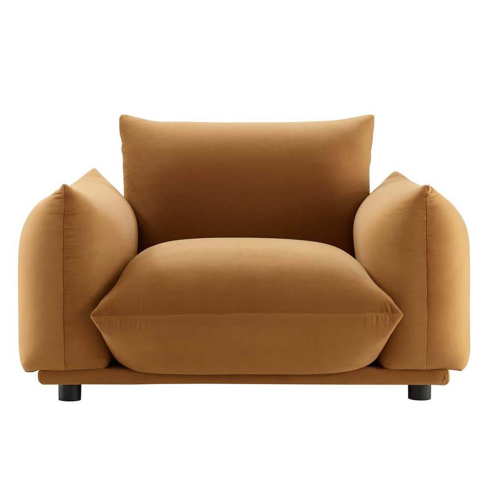 Plush Cognac Velvet Oversized Accent Chair with Manufactured Wood Base
