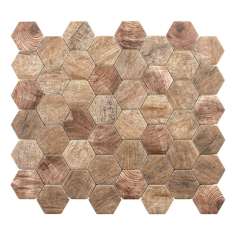 Terrain Cherri Brown 4.5 in. x 8.25 in. Hexagon Wood-Look Smooth Glass Mosa