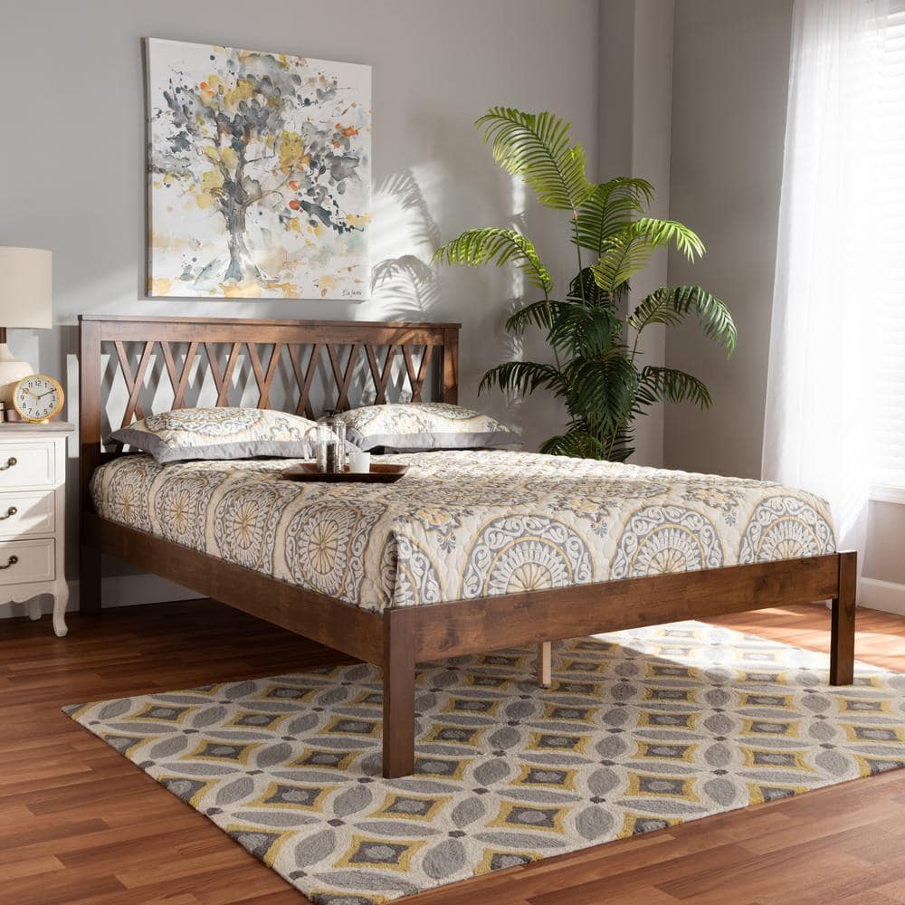 Queen Walnut Rubberwood Platform Bed with Criss-Cross Headboard