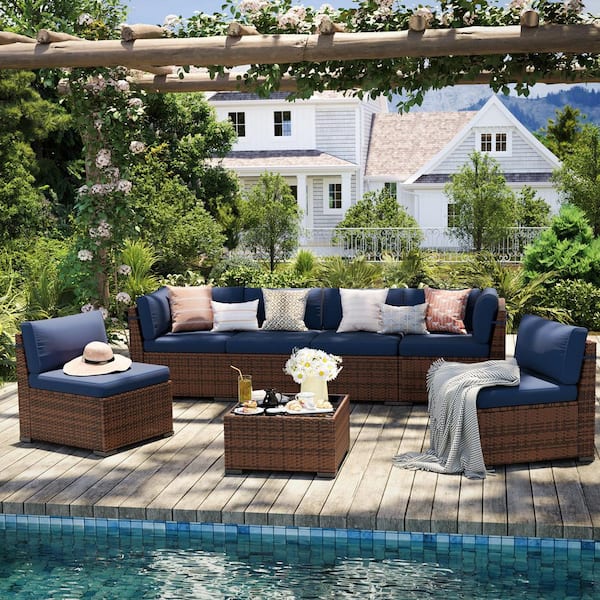 7-Piece Brown Wicker Patio Conversation Set with Navy Blue Cushions