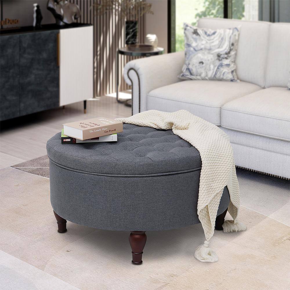 Maypex 32 in. W x 32 in. D x 18 in. H Grey Fabric Upholstered Tufted Cocktail Storage Ottoman, Gray Fabric/ Reddish brown wood leg -  300381-GR-V2