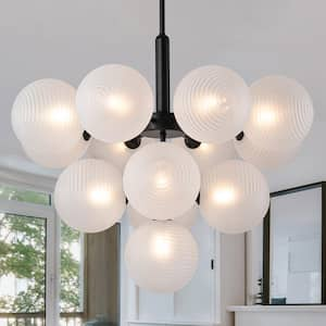 Tanvy 24 in.W 13-Light Black Modern Sputnik Atomic 3-Tiered Cluster Globe Bubble Chandelier with Ribbed Glass