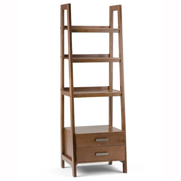 Simpli Home Sawhorse Solid Wood 72 in. x 24 in. Modern Industrial Ladder Shelf with Storage in Medium Saddle Brown