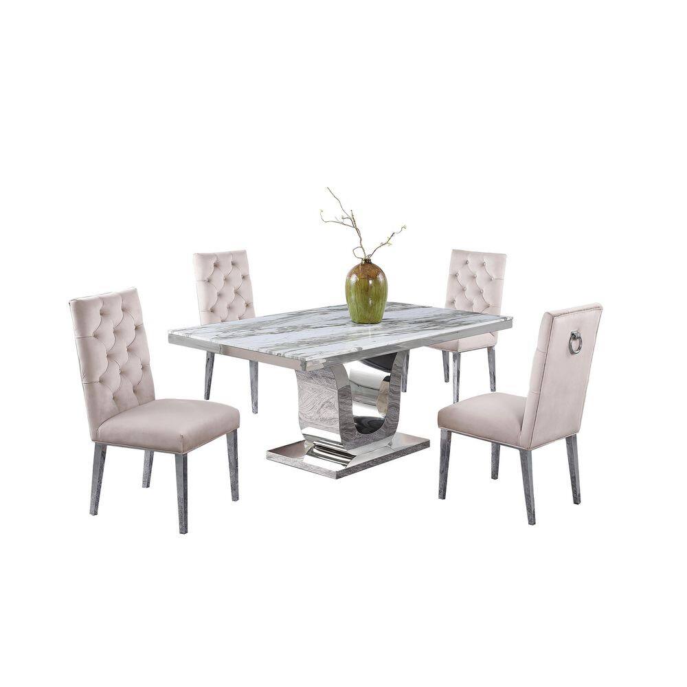 White Marble Dining Set with Silver Stainless Steel Base and Cream Velvet Chairs