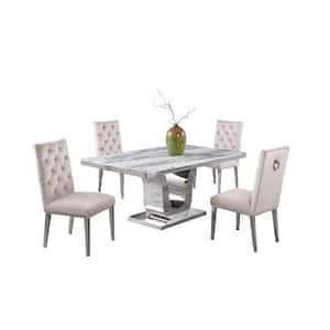 Ada 5-Piece White Marble Top with Stainless Steel Base Table Set with 4-Cream Velvet Chairs with Tufted Buttons