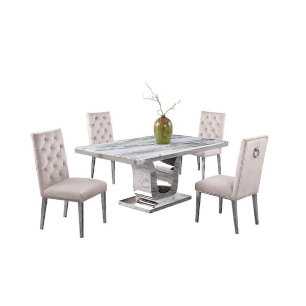 Best Quality Furniture Ada 5-Piece White Marble Top with Stainless Steel Base Table Set with 4-Cream Velvet Chairs with Tufted Buttons