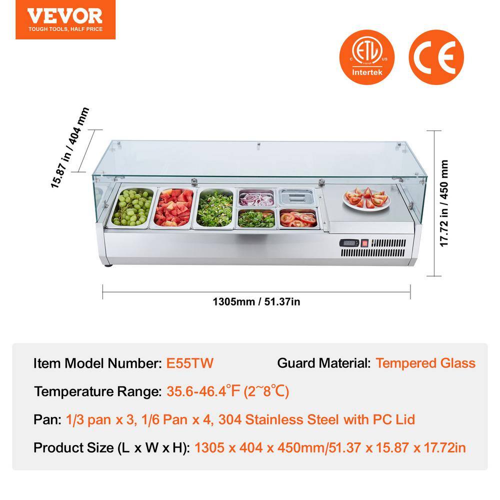 51'' Stainless Steel Refrigerated Condiment Prep Station with Glass Guard