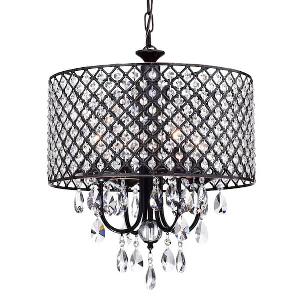 Edvivi Marya 4-Light Modern Oil Rubbed Bronze Round Chandelier with Beaded Drum Shade /Hanging Clear Glass Crystals