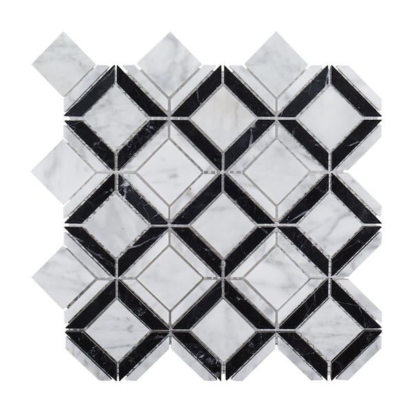 Jeffrey Court Carlyle Nero Marquina 11.125 in. x 11.125 in. White/Black Geometric Marble Wall/Floor Mosaic Tile (0.859 sq. ft./Each)