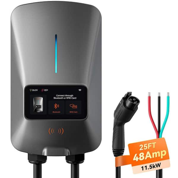 48V Level 2 EV Charger w Smart Display, RFID Card, 25ft Cable, WiFi Enabled, 240V Electric Vehicle Charging Station