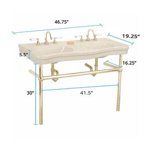 Biscuit Vitreous China Double Basin Bathroom Console Sink 46 3/4" W with Bistro Legs Pedestals, Towel Bar