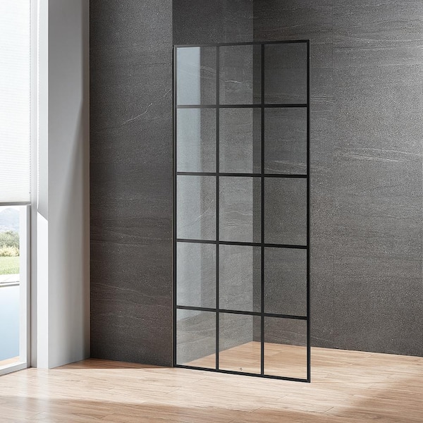 SERENE VALLEY Libra 34 in. W x 74 in. H Stainless Steel Frame Small-Grid Shower Door in Matte Black with Easy Cleaning Glass