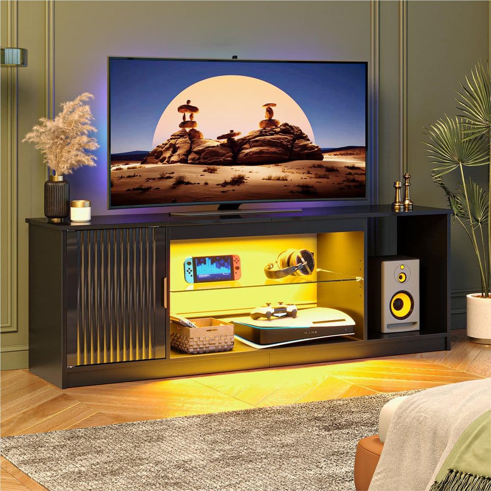 Bestier 57 in. Fluted Glossy Black TV Stand Fits TV Up to 65 in. LED ...