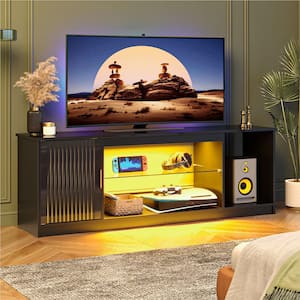 57 in. Fluted Glossy Black TV Stand Fits TV Up to 65 in. LED Entertainment Center with Cabinet and Adjustable Shelf