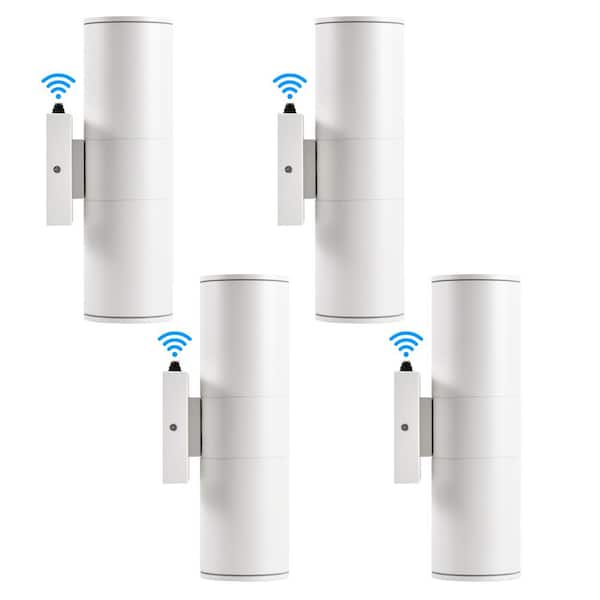 HKMGT 12 in. 2-Light White Cylinder Dusk to Dawn Outdoor Hardwired Wall Lantern Sconce with Integrated LED Lights (4-Pack)