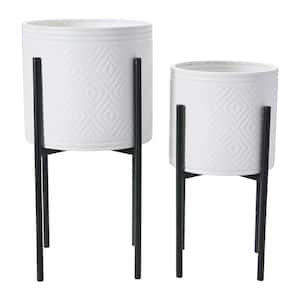13.75 in. White and Black Iron Floor Planters with Stand (2-Pack)