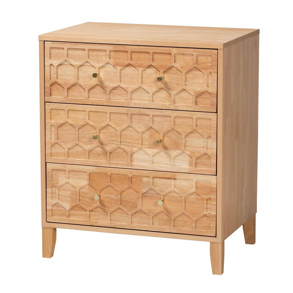 Natural Wood Honeycomb Carved 3-Drawer Chest
