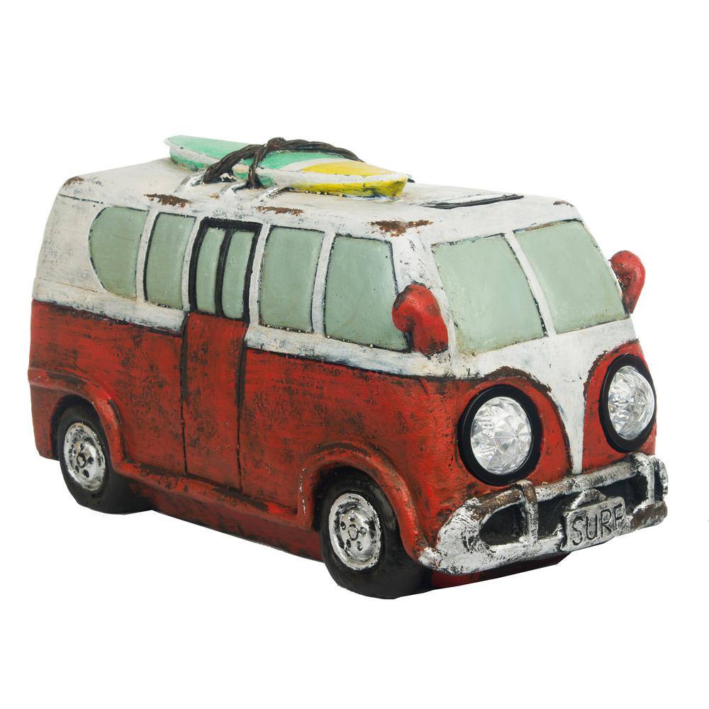 Alpine Corporation 10 In Tall Solar Red Bus Decor With Led Lights Qwr866slr Rd The Home Depot