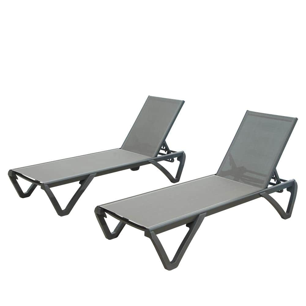 2-Pieces Patio Chaise Lounge Chair Gray Adjustable Aluminum Reclining Chair