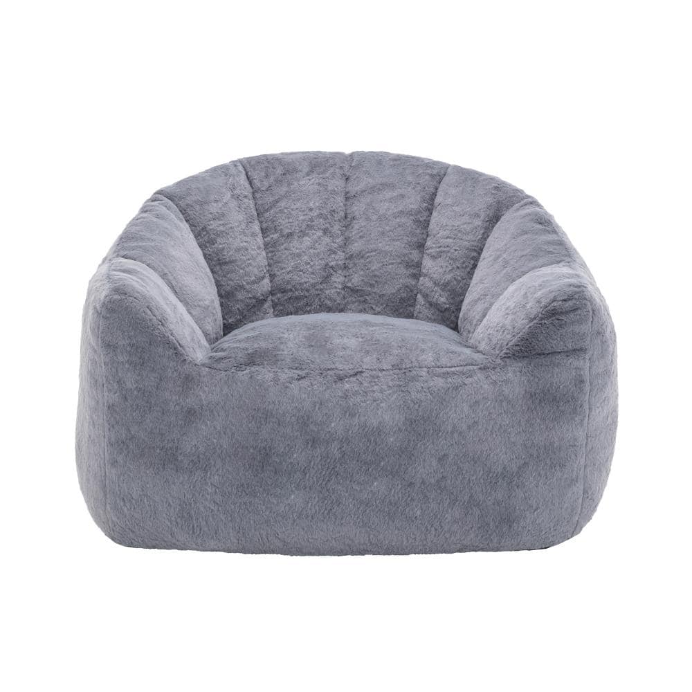 Gray Faux Fur Foam Large (41.4 in. x 35 in.) Bean Bag with Armrests for Living Room, Bedroom