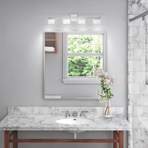 Vicino 30 in. W x 5.71 in. H Satin Nickel Dimmable Integrated LED Vanity Light with Frosted Glass Rectangular Shades