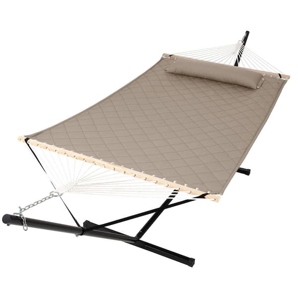 12 ft. Free Standing, 475 lbs. Capacity, Heavy-Duty 2-Person Hammock with Stand and Detachable Pillow in Pale Brown