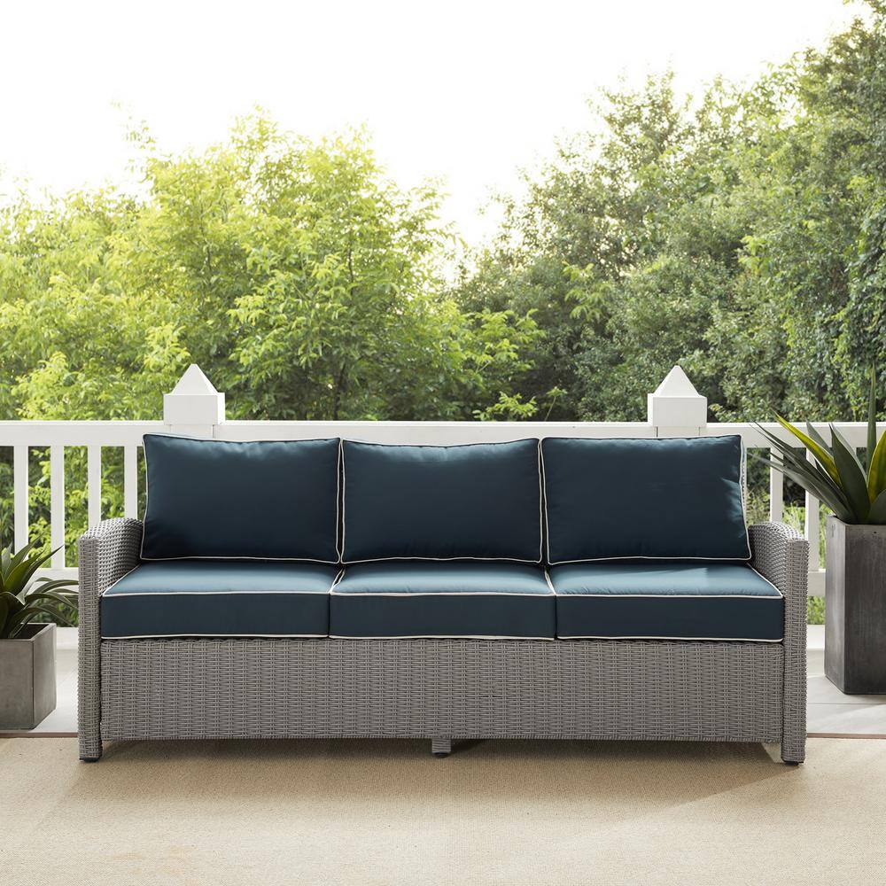 Bradenton Gray Wicker Outdoor Sofa with Navy Cushions