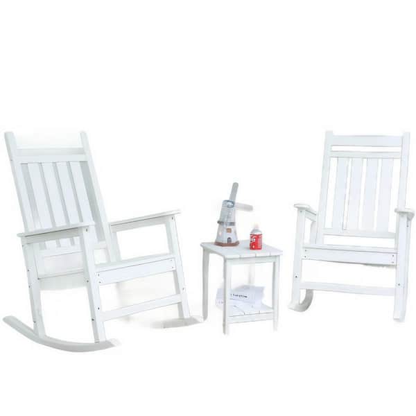 Series Frame White Solid Wood Outdoor Rocking Chair 3-Piece Wooden Rocking Chair with Coffee Table