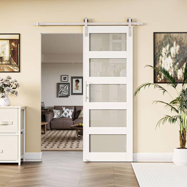 ARK DESIGN 30 in. x 84 in. 5-Lite Frosted Glass White Finished MDF Sliding Barn Door with Soft Close and Hardware Kit Nickel-Plated