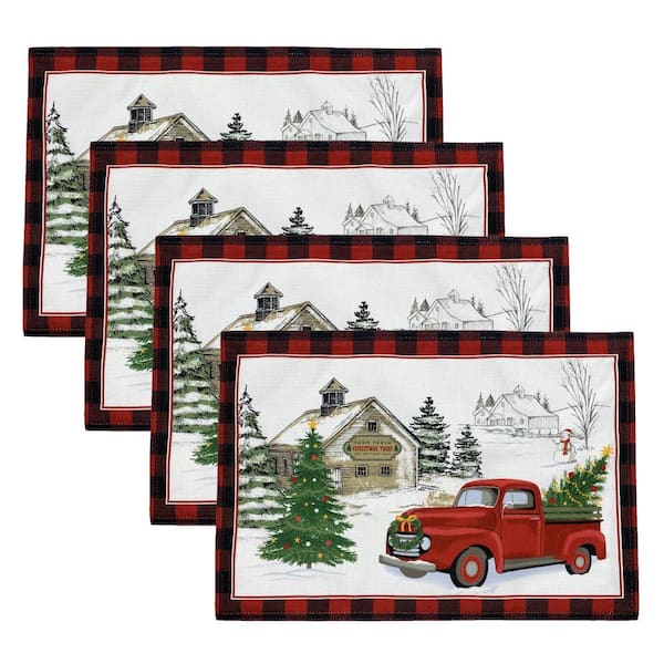 Threadmade Home Vintage Christmas Tree Farm Holiday Placemat, Set of 4, Multicolor - 13"W x 19"L