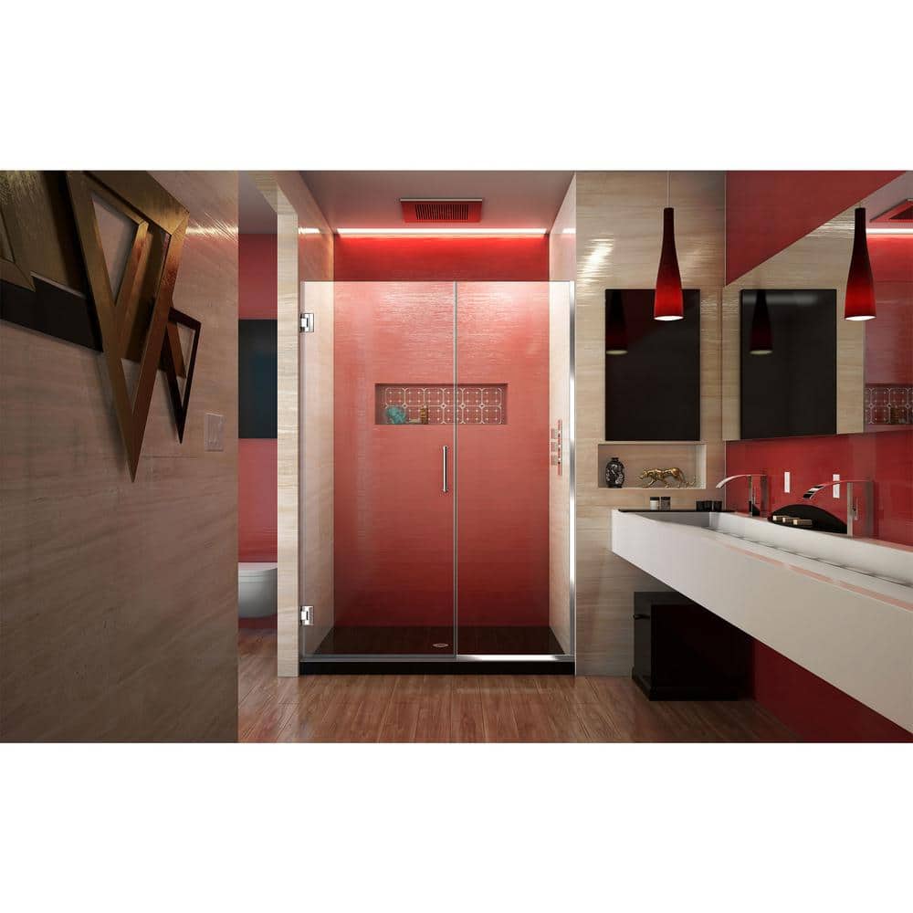 Unidoor Plus Frameless Hinged Shower Door with Clear Glass and Black Hardware