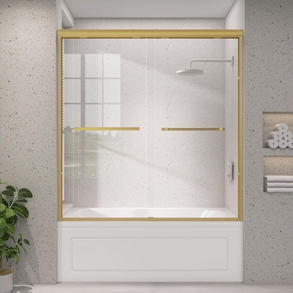 60 in. W x 62 in. H Semi-Frameless Sliding Tub Door Bathtub Shower Door in Brushed Gold 1/4 in. with Clear Glass