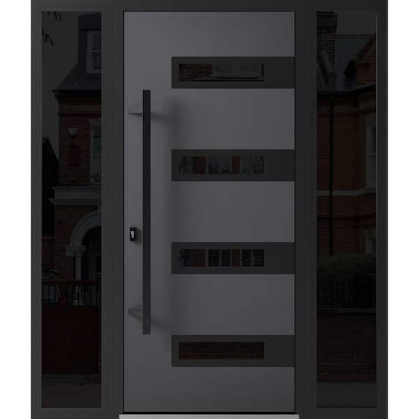 VDOMDOORS 0131 68 in. x 80 in. Right-hand/Inswing 2 Sidelights Tinted Glass Grey Steel Prehung Front Door with Hardware