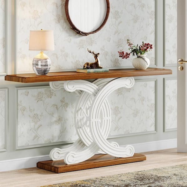 BYBLIGHT Turrella 55.1 in. Brown Rectangle Wood Console Table with Geometric Base, Farmhouse Hallway Table, Vintage Sofa Table