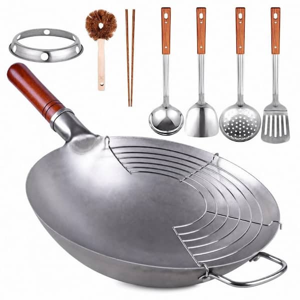 13.4 in. Carbon Steel Wok Pan Set with 8 Packs Cookware Accessories, Traditional Hand Hammered Woks, Round Bottom