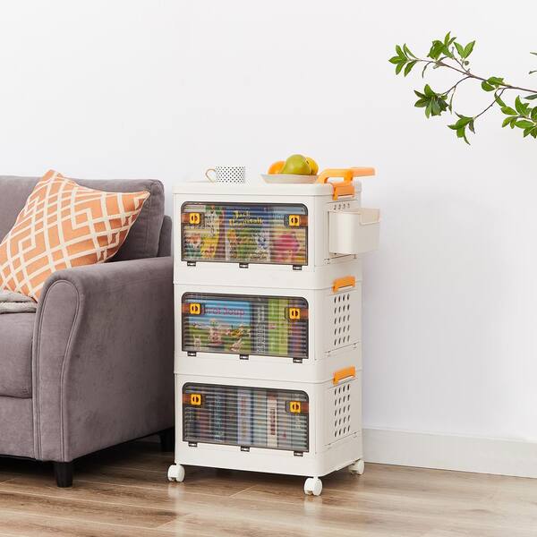 VECELO Beige Stackable Storage Bins with Lid and Door, 3-Tier
