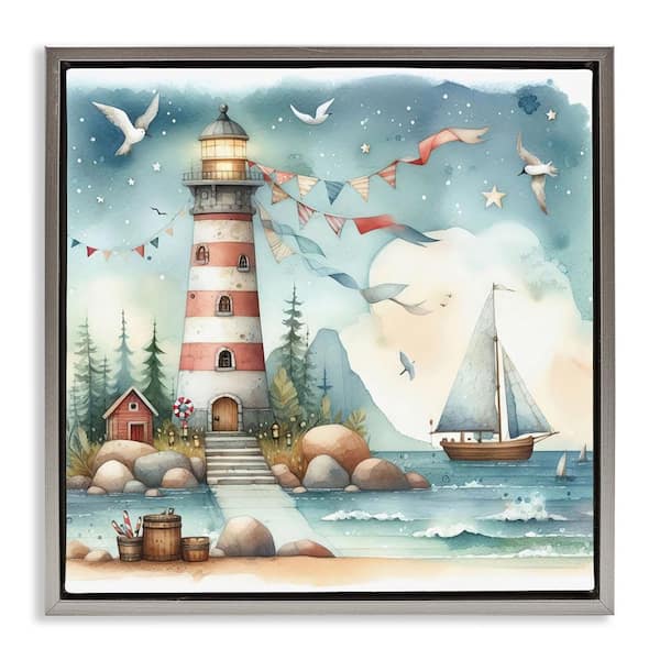 Stupell Industries Whimsical Lighthouse & Birds by LSR Design Studio Gray Floater Frame Coastal Graphic Art Print 18 in. x 18 in.