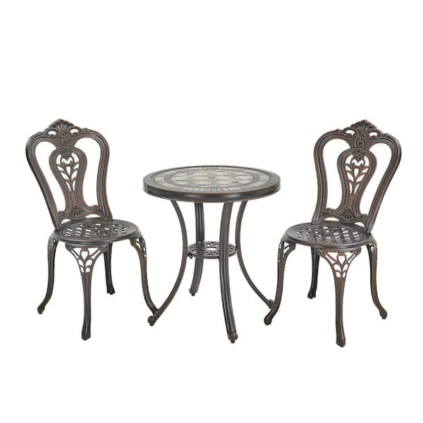 Kadehome Bronze Frame 3-Piece Cast Aluminum Round Table Bar Height Outdoor Bistro Set
