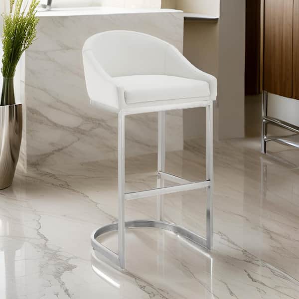 Benjara 26 in. White and Chrome Low Back Metal Frame Bar Stool with Faux Leather Seat
