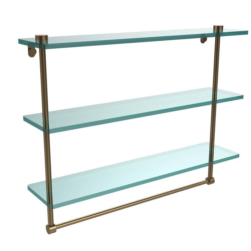 22" Brushed Bronze Triple Tiered Glass Wall Shelf with Towel Bar
