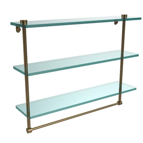Allied Brass 22 in. L x 18 in. H x 5 in. W 3-Tier Clear Glass Bathroom Shelf with Towel Bar in Brushed Bronze
