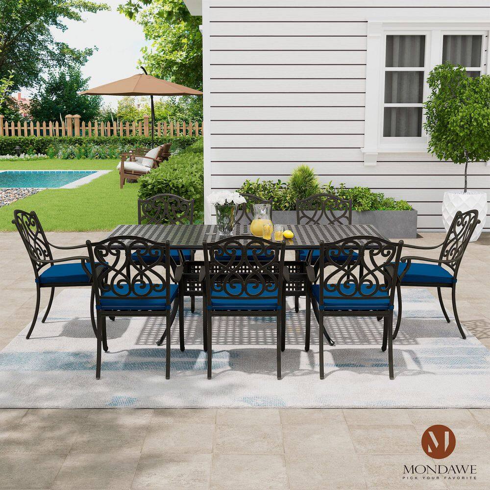 Set of 4 Black Cast Aluminum Outdoor Dining Chairs with Blue Cushions