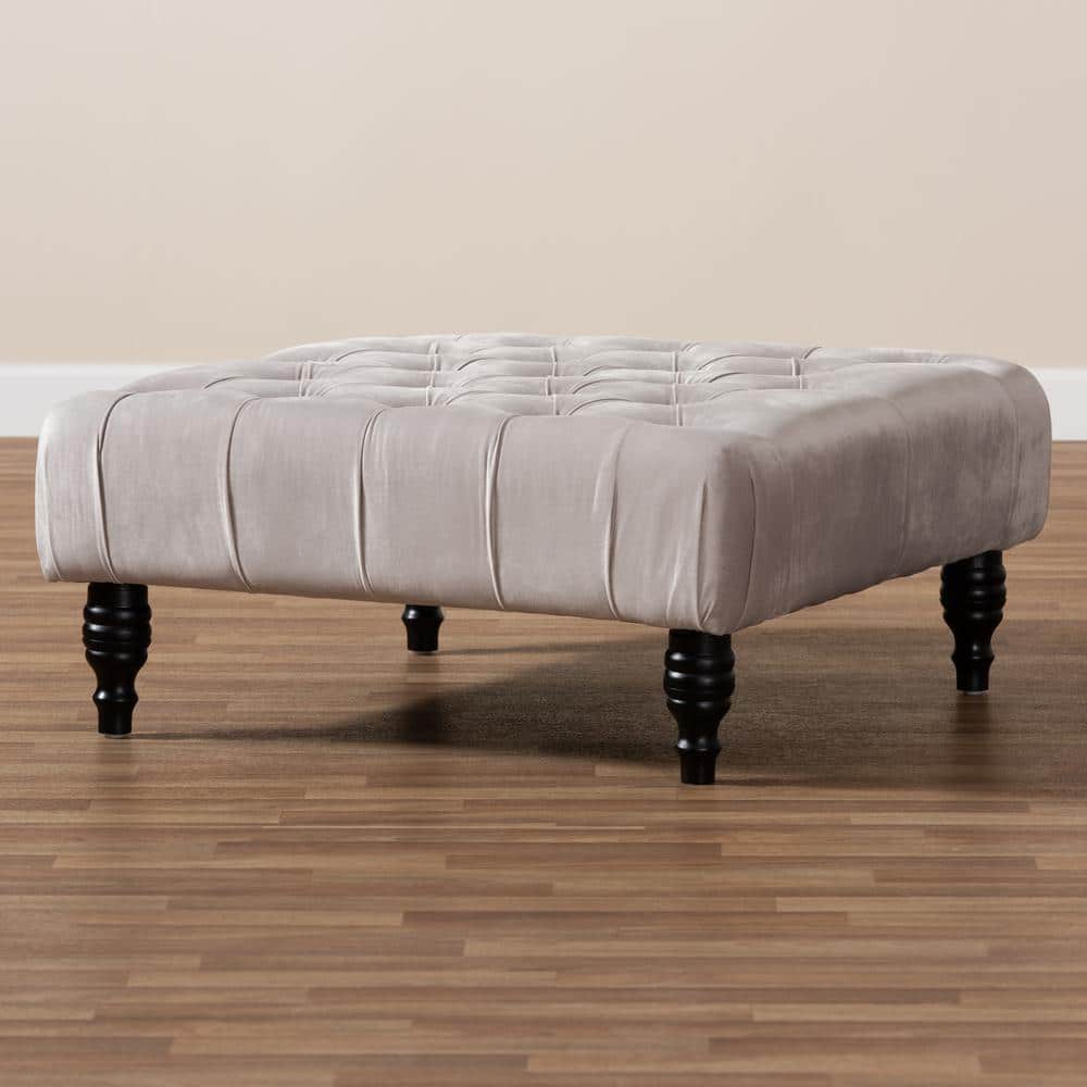 Keswick 36" Grey Velvet Tufted Cocktail Ottoman with Eucalyptus Wood Legs
