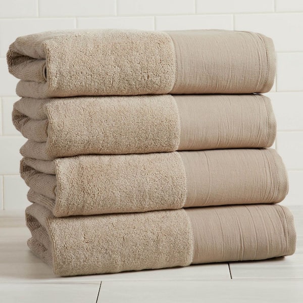Stone Ultra-Soft Cotton Linen-Like Border 4 Pack Bath Towel Set