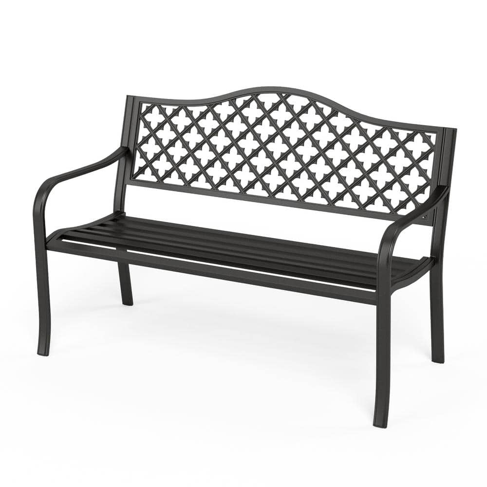 PHI VILLA 50 in. Cast Iron Back Metal Outdoor Bench with Geometric ...