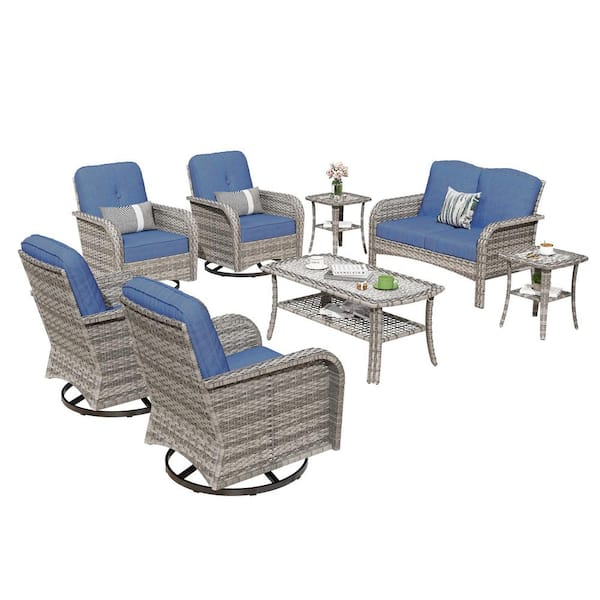 Meis Gray 8-Piece Wicker Patio Conversation Set with Denim Blue Cushions and Swivel Chairs
