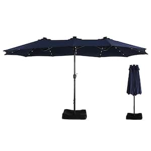 15 ft. Steel Market Outdoor Patio Umbrella in Navy with Base and Solar Lights