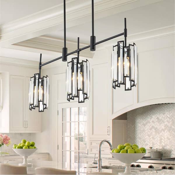 Laga 3-Light Modern Glam Linear Black Kitchen Island Pendant Light with Crystal Shade, No Bulbs Included